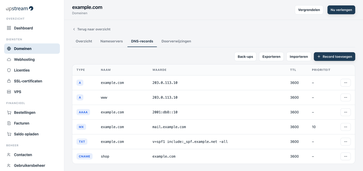 DNS-records beheren in het controlepaneel