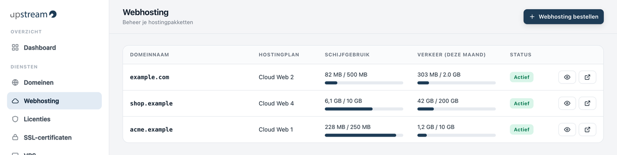Webhosting beheren in het controlepaneel